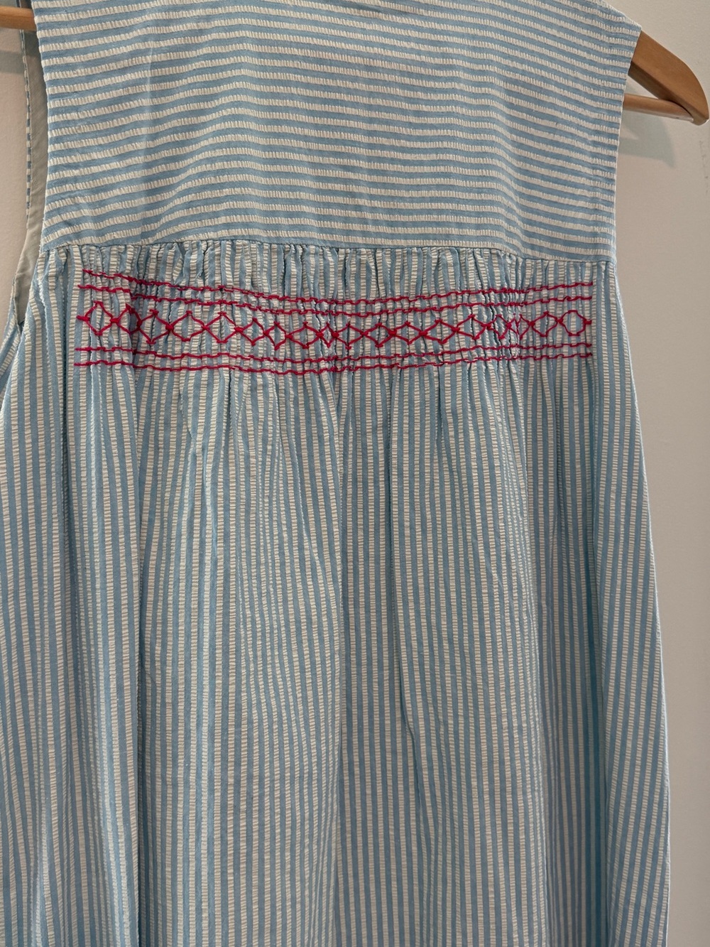 Light Blue and White Striped Sleeveless Dress with Pink Embroidered Waist